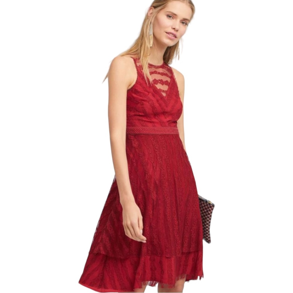 MOULINETTE SOEURS Anthropologie ☆ "Tango" Dark Red Lace Dress ☆ Size 8